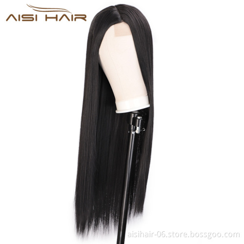 Aisi Hair 26 Inch Natural Black Wig Long Silky Straight Lace Frontal Wig Middle Part Synthetic Front Lace Hair Wigs For Women